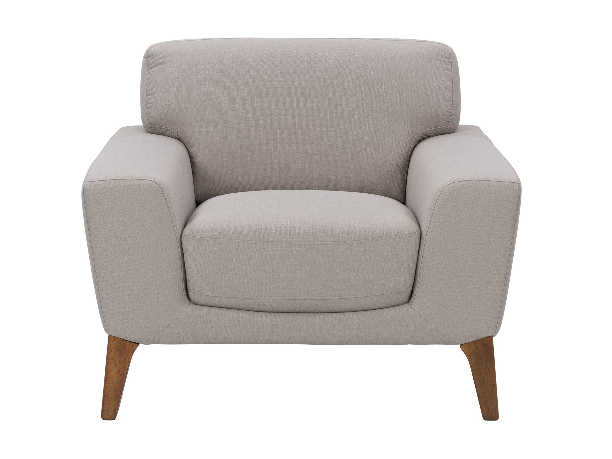 Light grey arm chair with plush upholstery, wooden legs, and modern design. Ideal for living rooms, it features a comfortable, cushioned seat and backrest. Perfect for contemporary and minimalist home decor.