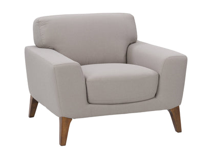 Light grey arm chair with plush upholstery, wooden legs, and modern design. Ideal for living rooms, it features a comfortable, cushioned seat and backrest. Perfect for contemporary and minimalist home decor.