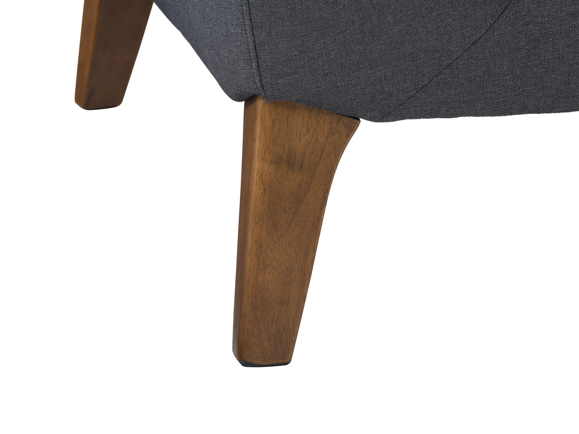 Dark grey arm chair with plush cushions, wooden legs, and a modern design; perfect for living room or office decor.