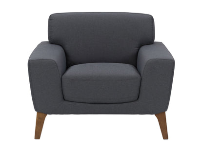 Dark grey arm chair with plush cushions, wooden legs, and a modern design; perfect for living room or office decor.