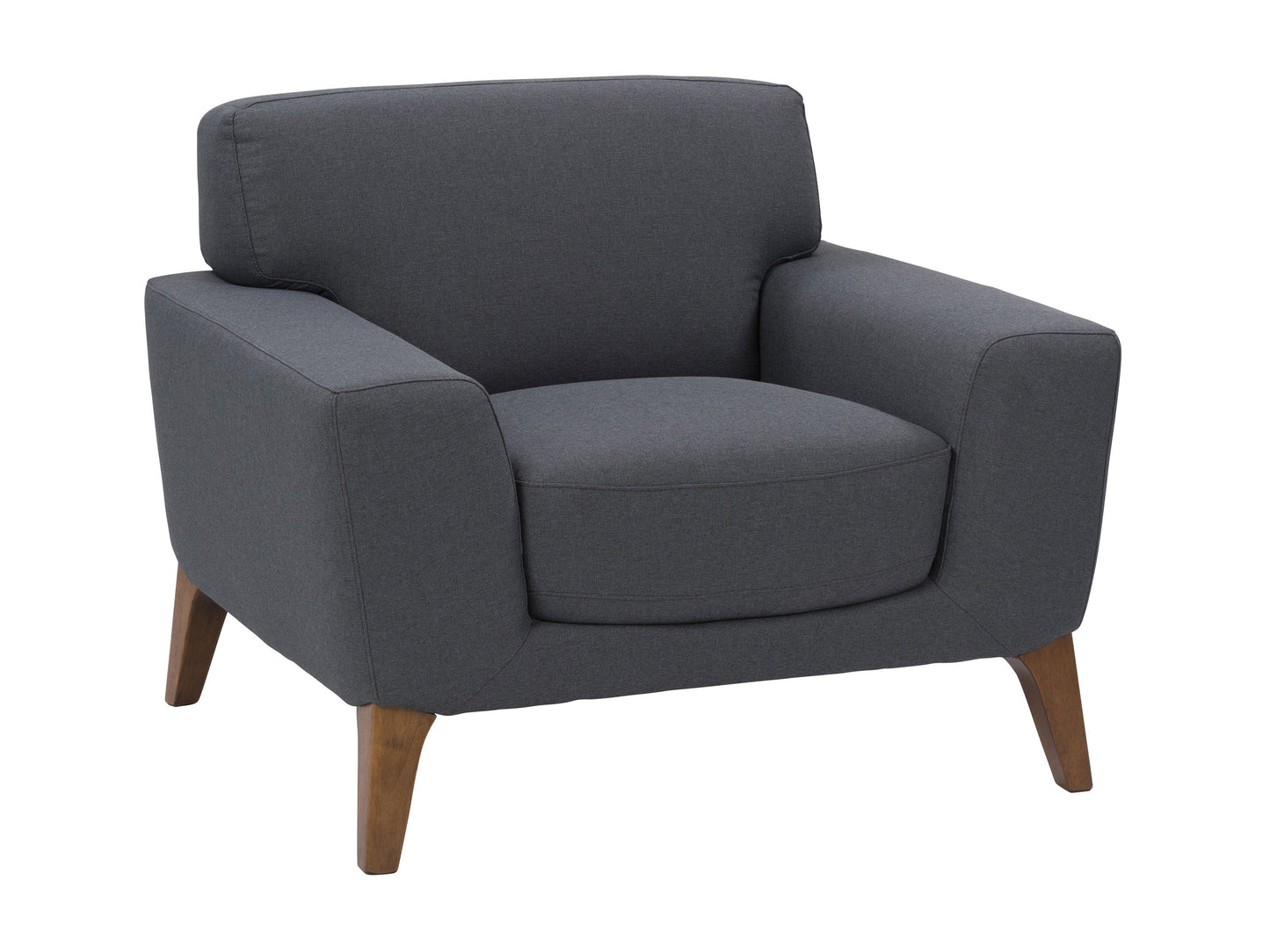 Dark grey arm chair with plush cushions, wooden legs, and a modern design; perfect for living room or office decor.