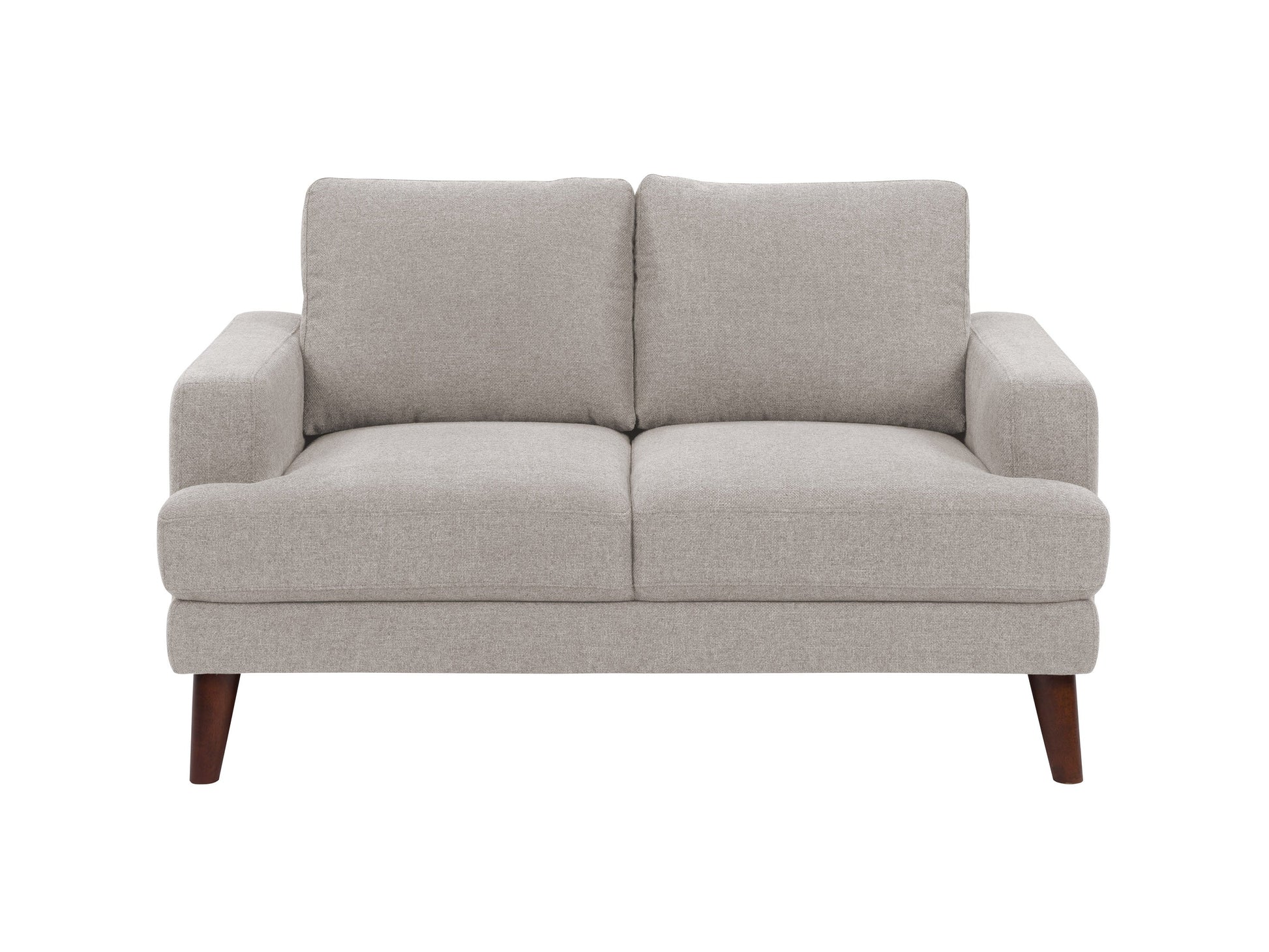 Light grey modern loveseat with sleek lines, plush cushions, and wooden legs, perfect for contemporary living rooms. Upholstered in soft, durable fabric for comfort and style.