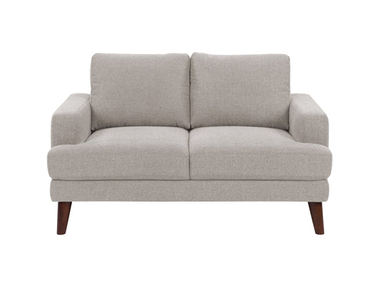 Light grey modern loveseat with sleek lines, plush cushions, and wooden legs, perfect for contemporary living rooms. Upholstered in soft, durable fabric for comfort and style.