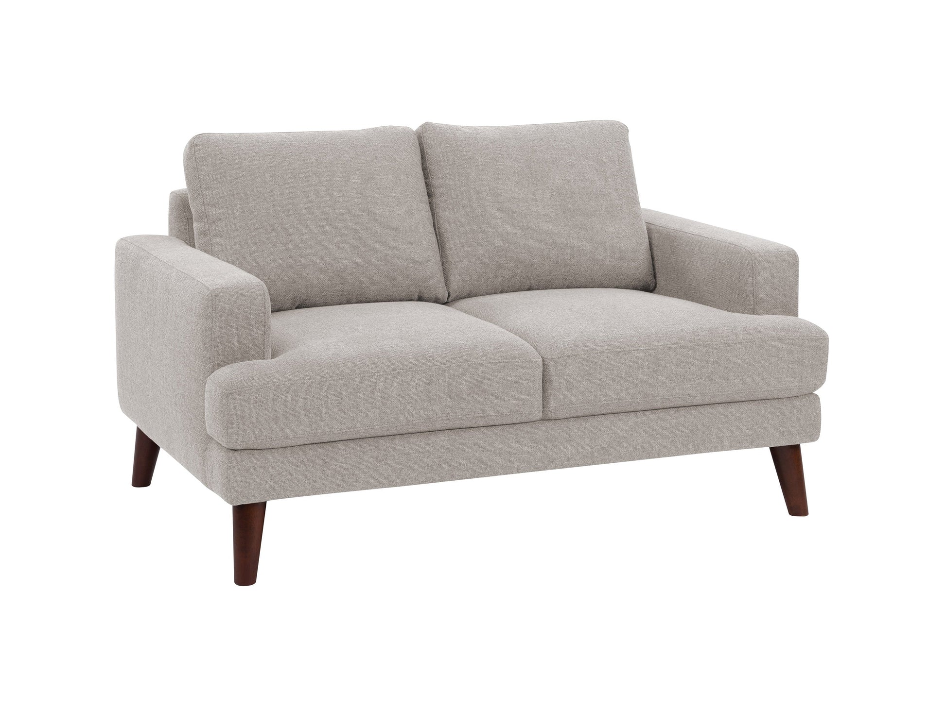 Light grey modern loveseat with sleek lines, plush cushions, and wooden legs, perfect for contemporary living rooms. Upholstered in soft, durable fabric for comfort and style.