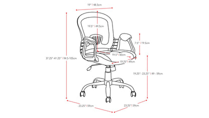 Red swivel office chair with ergonomic design, cushioned seat, and breathable mesh backrest. Features adjustable height, 360-degree rotation, and sturdy metal base with caster wheels. Ideal for home office or workspace.