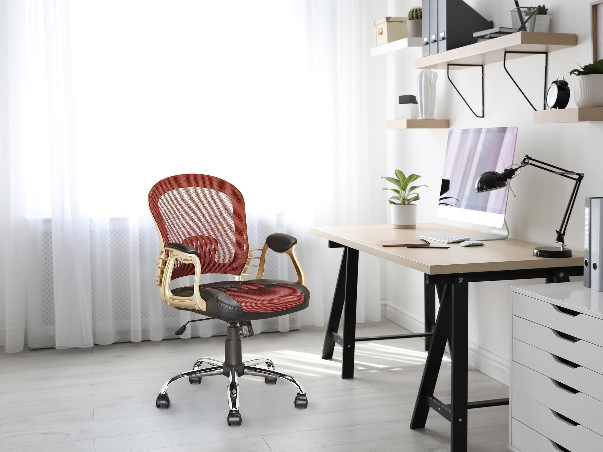 Red swivel office chair with ergonomic design, cushioned seat, and breathable mesh backrest. Features adjustable height, 360-degree rotation, and sturdy metal base with caster wheels. Ideal for home office or workspace.