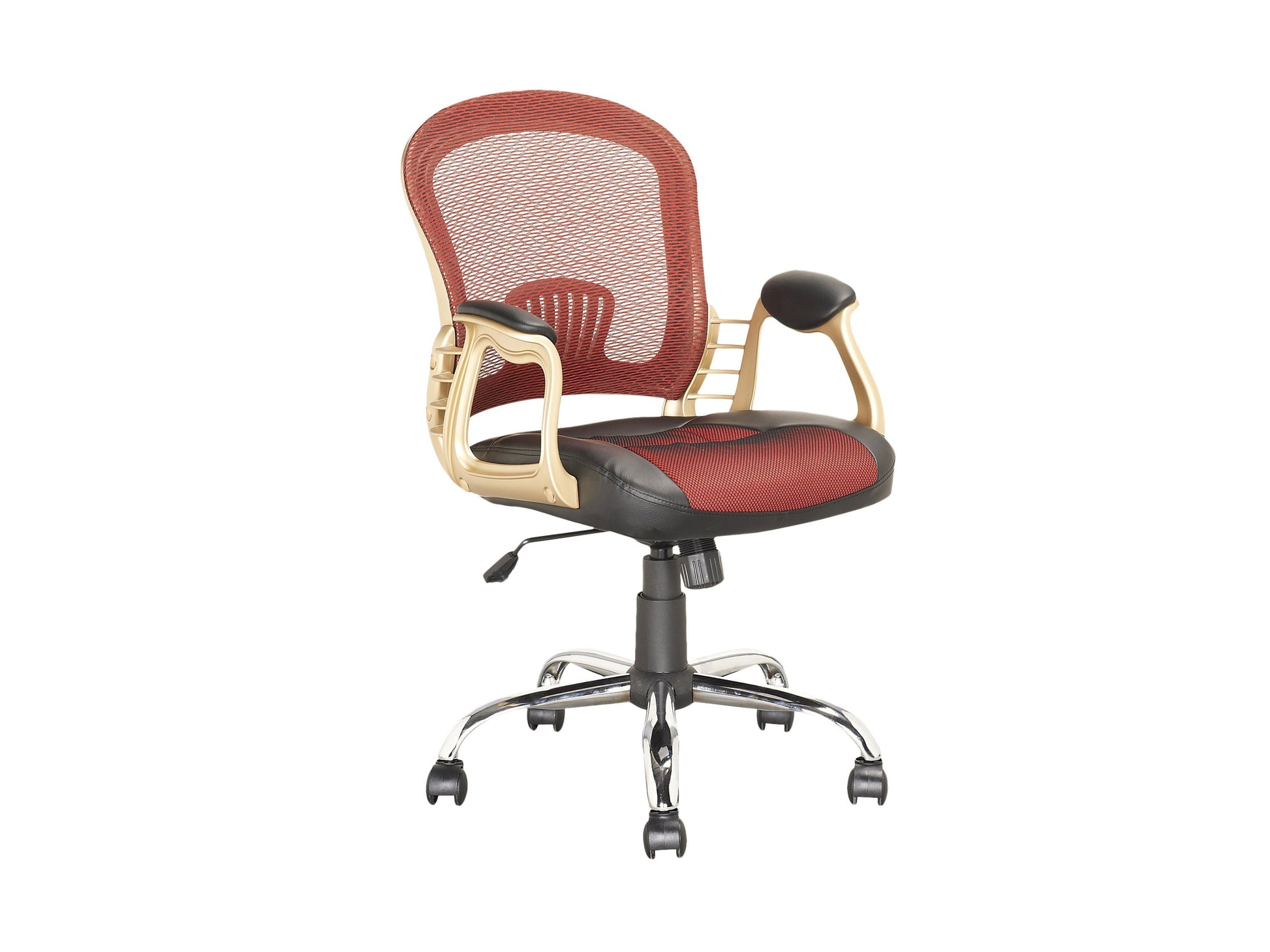 Red swivel office chair with ergonomic design, cushioned seat, and breathable mesh backrest. Features adjustable height, 360-degree rotation, and sturdy metal base with caster wheels. Ideal for home office or workspace.