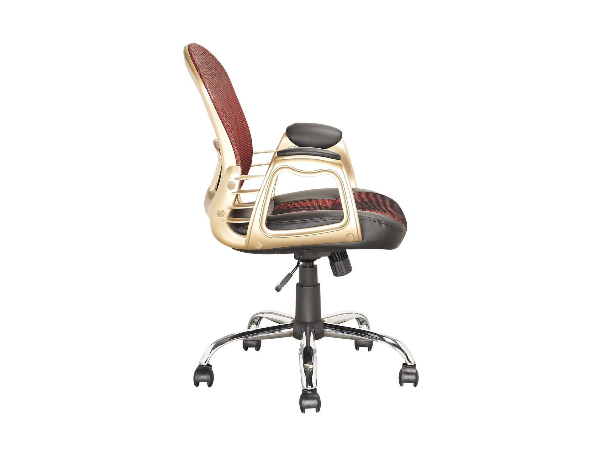 Red swivel office chair with ergonomic design, cushioned seat, and breathable mesh backrest. Features adjustable height, 360-degree rotation, and sturdy metal base with caster wheels. Ideal for home office or workspace.