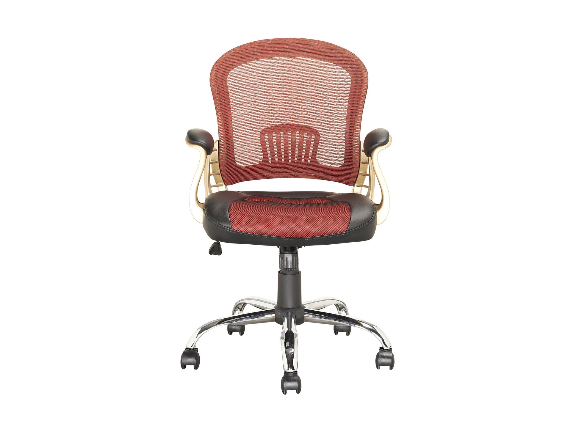 Red swivel office chair with ergonomic design, cushioned seat, and breathable mesh backrest. Features adjustable height, 360-degree rotation, and sturdy metal base with caster wheels. Ideal for home office or workspace.