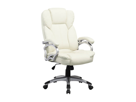 White executive office chair with ergonomic design, high backrest, padded armrests, and adjustable height. Features smooth leather upholstery, chrome base, and 360-degree swivel. Ideal for modern office settings.