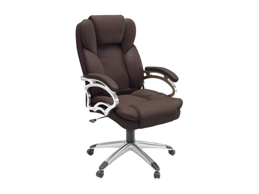 Ergonomic executive office chair in espresso brown leather with high back, adjustable armrests, and chrome base. Features plush cushioning, lumbar support, and 360-degree swivel for enhanced comfort and productivity.