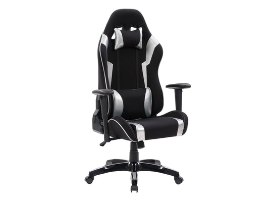 Ergonomic black and silver gaming chair with padded seat, adjustable armrests, high backrest, lumbar support, and smooth-rolling caster wheels. Ideal for long gaming sessions and office use.