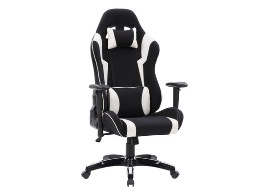 Ergonomic black and white gaming chair with adjustable armrests, high-density foam padding, breathable mesh back, lumbar support, and 360-degree swivel base.