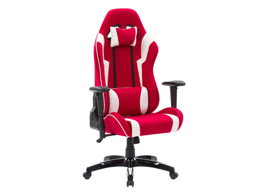 Red and white ergonomic gaming chair with adjustable armrests, high backrest, lumbar support, and breathable mesh fabric designed for long gaming sessions.