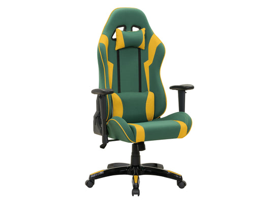 Green and yellow ergonomic gaming chair with high backrest, adjustable armrests, lumbar support, and breathable mesh fabric. Perfect for long gaming sessions or office use.