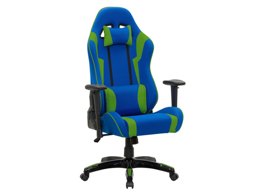 Ergonomic blue and green gaming chair with adjustable armrests, lumbar support, and high-density foam padding on a sturdy metal frame, featuring breathable mesh fabric and a sleek, modern design.