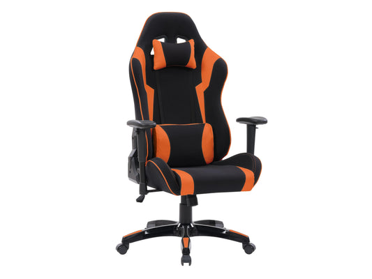 Ergonomic gaming chair in black and orange with adjustable armrests, lumbar support, high backrest, and breathable mesh material. Ideal for gamers seeking comfort and style.