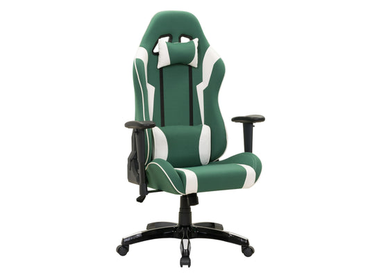 Ergonomic gaming chair in green and white, featuring adjustable armrests, lumbar support, high backrest, and breathable mesh fabric. Ideal for gamers seeking comfort and style.