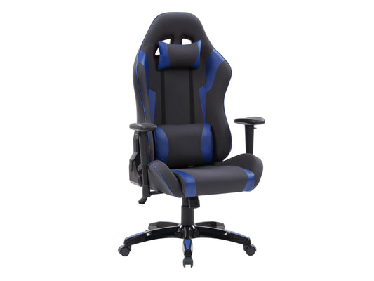 Grey and blue ergonomic gaming chair with adjustable armrests, lumbar support, high-density foam padding, breathable mesh backrest, and 360-degree swivel base, designed for comfort during long gaming sessions.