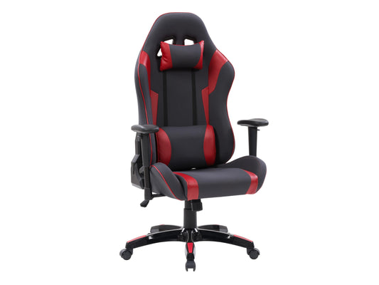 Ergonomic grey and red gaming chair with adjustable armrests, high-density foam seat, breathable mesh backrest, and lumbar support.