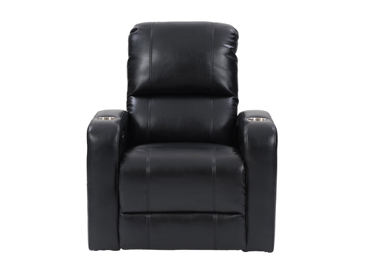 Black leather power recliner with cup holder, plush cushioning, and sleek design. Features include adjustable headrest, ergonomic armrests, and smooth reclining mechanism for ultimate comfort.