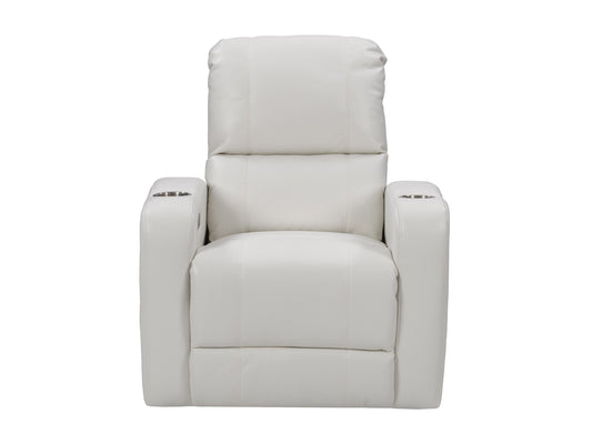 White leather power recliner with cup holder, featuring plush cushioning, sleek design, and smooth reclining mechanism, perfect for modern living rooms.