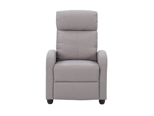 Light grey push back recliner with plush cushioning, sleek armrests, and a modern design. Upholstered in soft fabric with a sturdy wooden frame, perfect for living room comfort and relaxation.