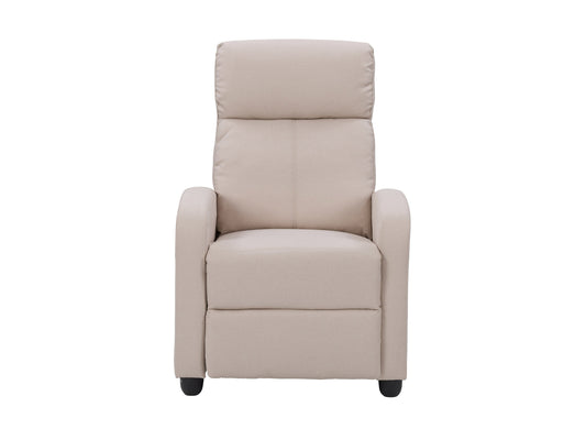 Beige push back recliner with soft fabric upholstery, padded armrests, and wooden legs. Features a comfortable, adjustable backrest and a classic design perfect for living rooms or home offices.