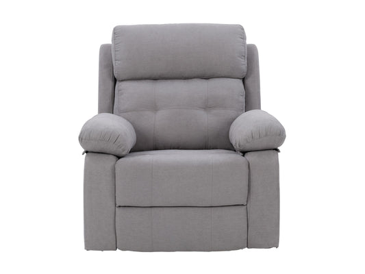 Extra wide light grey recliner with plush fabric, padded armrests, and a smooth reclining mechanism, perfect for living room comfort and relaxation.