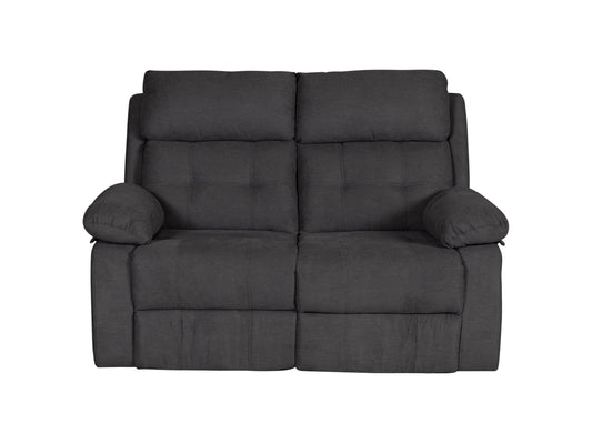 Dark grey 2 seater recliner sofa with plush cushions, soft fabric upholstery, and manual reclining mechanism. Perfect for living rooms or home theaters, offering comfort and style with a modern design.