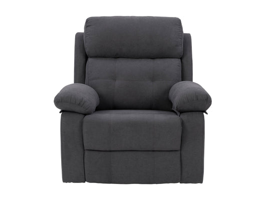 Dark grey extra wide recliner with plush cushions, soft fabric upholstery, and a sturdy metal frame. Ideal for living room comfort, featuring a reclining mechanism and spacious seating for ultimate relaxation.