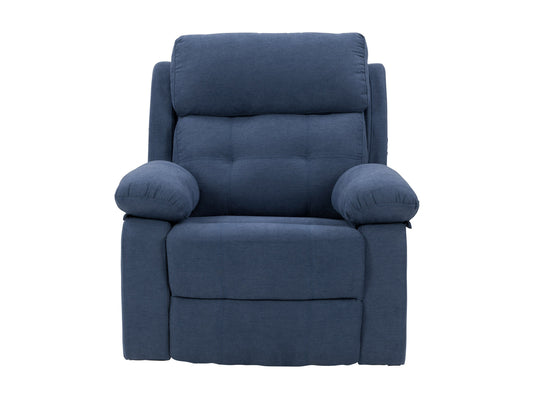 Extra wide blue recliner with plush fabric upholstery, padded armrests, and a sturdy wooden frame; ideal for living rooms and home theaters.