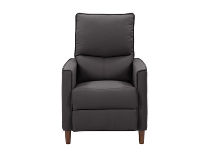 Dark grey mid-century recliner with wooden legs, tufted backrest, and plush fabric upholstery. Ideal for modern living rooms, offering comfort and style.