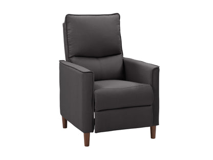 Dark grey mid-century recliner with wooden legs, tufted backrest, and plush fabric upholstery. Ideal for modern living rooms, offering comfort and style.