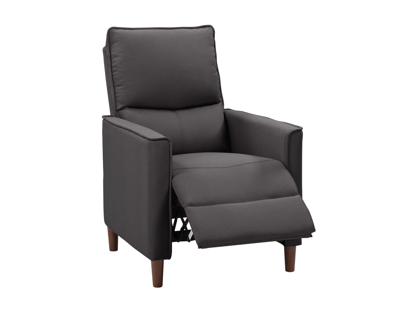 Dark grey mid-century recliner with wooden legs, tufted backrest, and plush fabric upholstery. Ideal for modern living rooms, offering comfort and style.