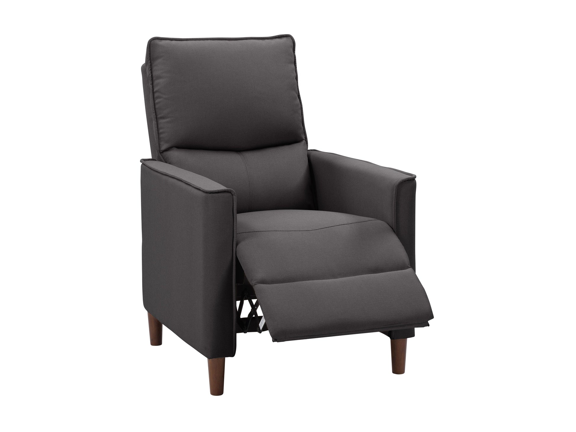 Dark grey mid-century recliner with wooden legs, tufted backrest, and plush fabric upholstery. Ideal for modern living rooms, offering comfort and style.