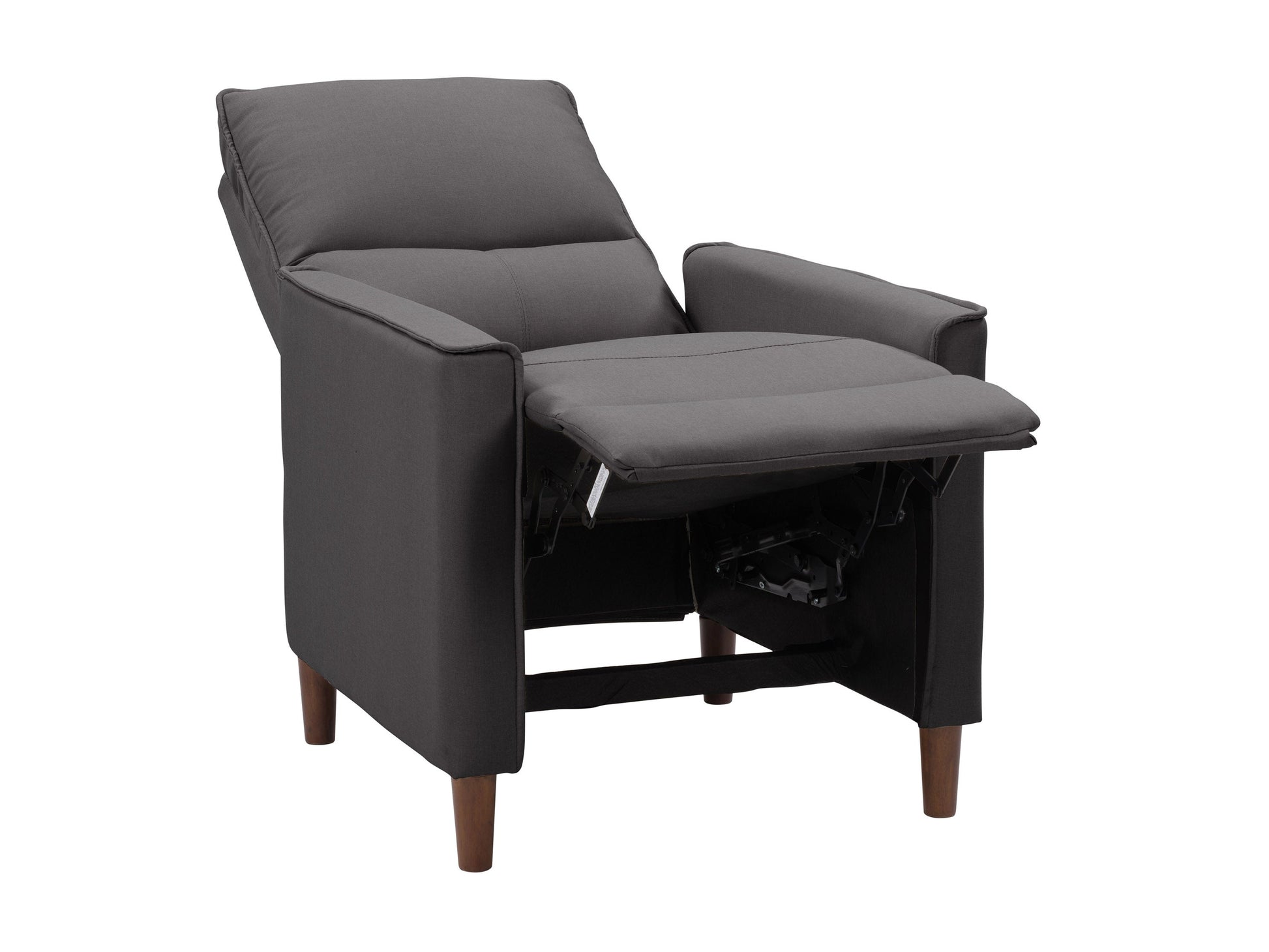 Dark grey mid-century recliner with wooden legs, tufted backrest, and plush fabric upholstery. Ideal for modern living rooms, offering comfort and style.