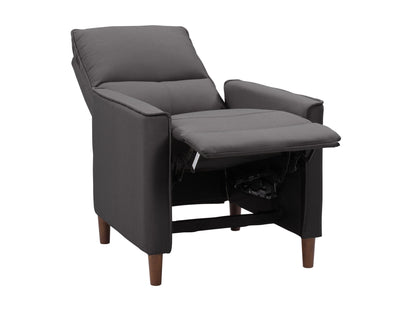 Dark grey mid-century recliner with wooden legs, tufted backrest, and plush fabric upholstery. Ideal for modern living rooms, offering comfort and style.