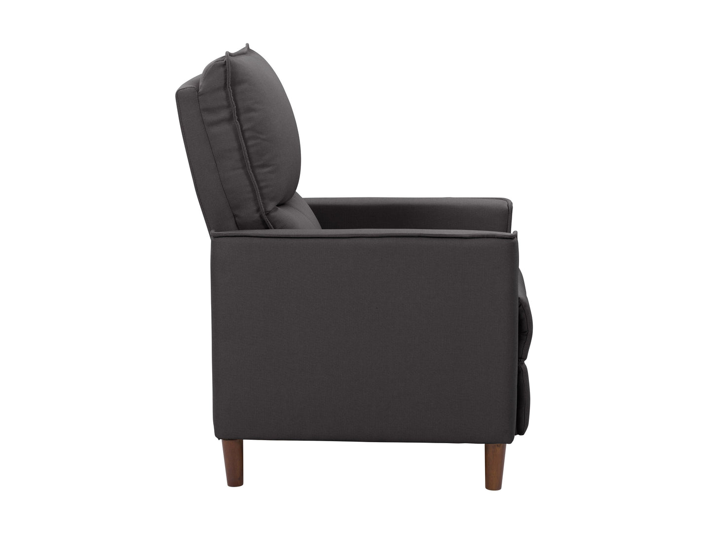 Dark grey mid-century recliner with wooden legs, tufted backrest, and plush fabric upholstery. Ideal for modern living rooms, offering comfort and style.