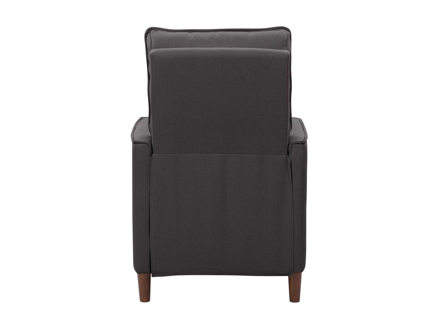 Dark grey mid-century recliner with wooden legs, tufted backrest, and plush fabric upholstery. Ideal for modern living rooms, offering comfort and style.