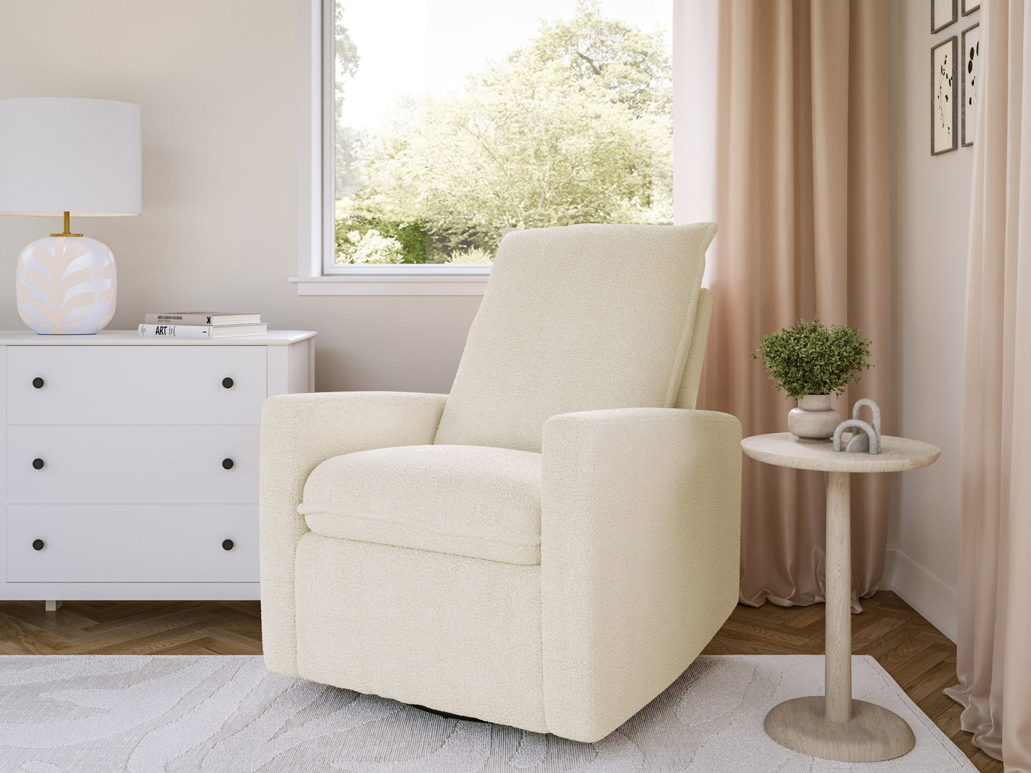 Cream Boucle Glider Recliner Chair with soft, textured fabric, plush cushioning, ergonomic design, and smooth gliding mechanism, perfect for living rooms or nurseries.