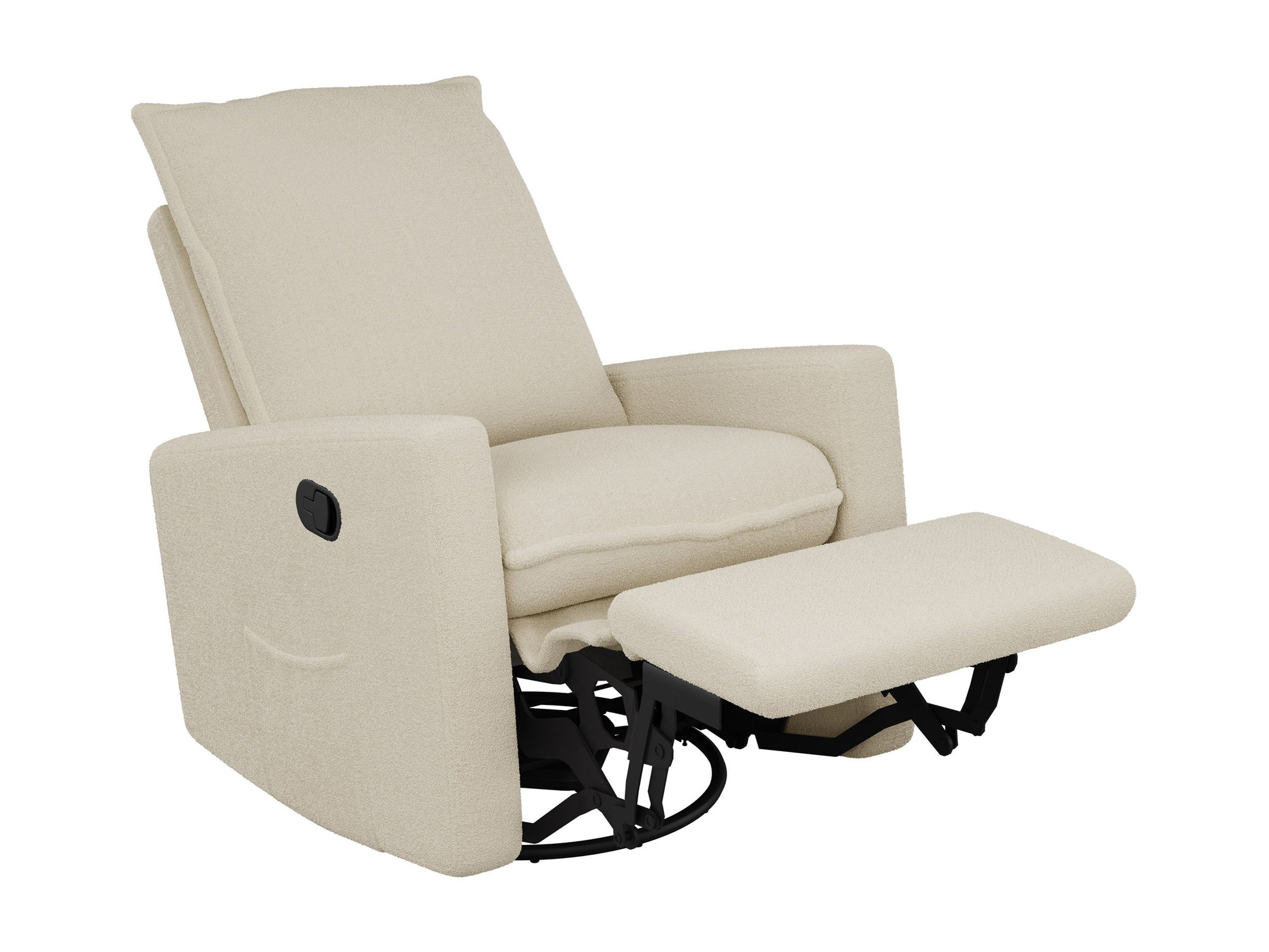 Cream Boucle Glider Recliner Chair with soft, textured fabric, plush cushioning, ergonomic design, and smooth gliding mechanism, perfect for living rooms or nurseries.