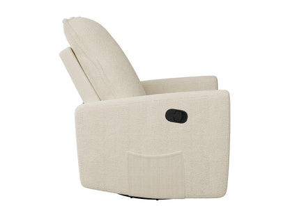 Cream Boucle Glider Recliner Chair with soft, textured fabric, plush cushioning, ergonomic design, and smooth gliding mechanism, perfect for living rooms or nurseries.