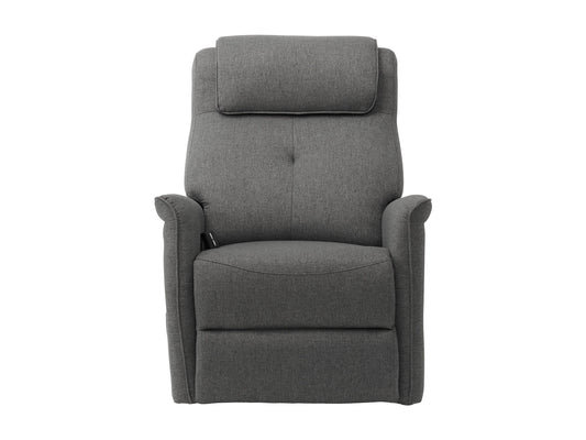 Medium grey power lift recliner with plush upholstery, ergonomic design, padded armrests, and remote control for easy adjustment. Ideal for elderly or mobility-challenged users seeking comfort and convenience.