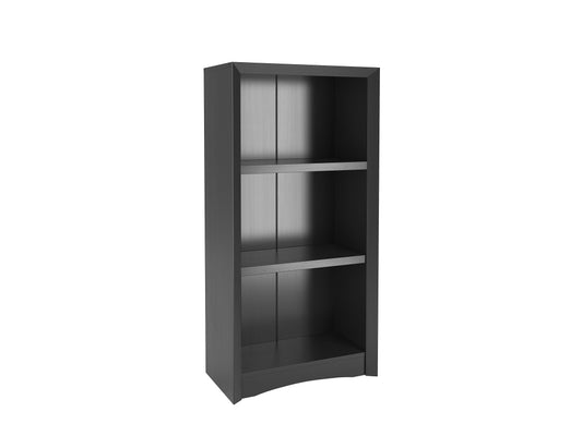 Black wooden 3-shelf bookcase with sleek modern design, adjustable shelves, and smooth finish. Ideal for home office or living room storage and display.