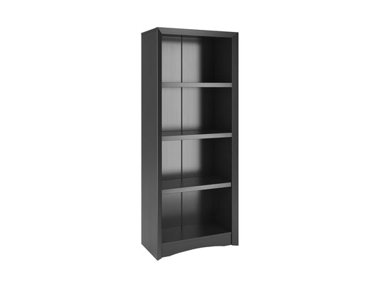 Black 4-shelf bookcase with a sleek design, made of sturdy wood, featuring adjustable shelves, smooth matte finish, and ample storage space for books, decor, and office supplies.