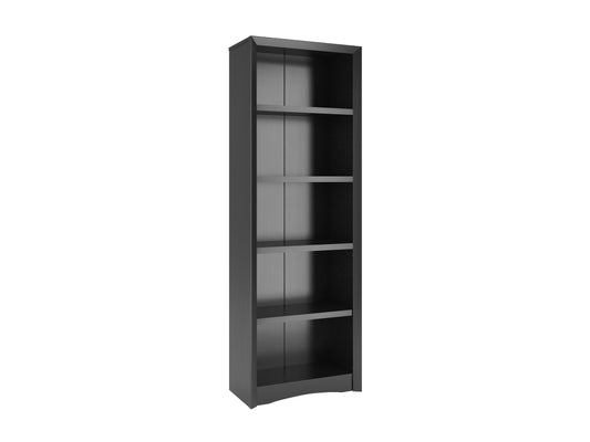 Black 5-shelf bookcase with sleek, modern design, featuring adjustable shelves, sturdy wooden construction, and smooth matte finish, perfect for organizing books, decor, and storage in any room.