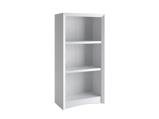 White 3 shelf bookcase with clean lines, modern design, and sturdy wooden construction. Ideal for organizing books, decor, and storage bins. Perfect for living rooms, bedrooms, or home offices.