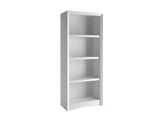 White 4 shelf bookcase with clean lines, minimalist design, and sturdy construction. Made of wood with a smooth finish, ideal for modern home or office organization.