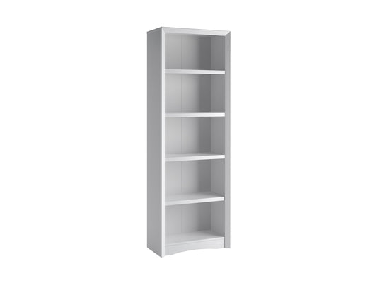 White 5 shelf bookcase with a sleek modern design, featuring durable wood construction, smooth finish, and spacious shelves for ample storage. Perfect for organizing books, décor, or office supplies.